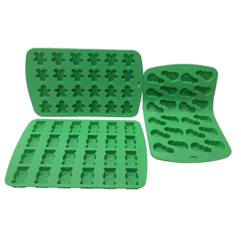 Brand New Green Christmas Gingerbread, Snowmen, Candy 3pc Silicone Molds Baking